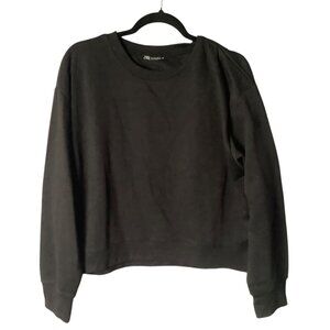 Zara Women Large Black Boxy Crop Sweatshirt Soft Comfy Pullover Basics